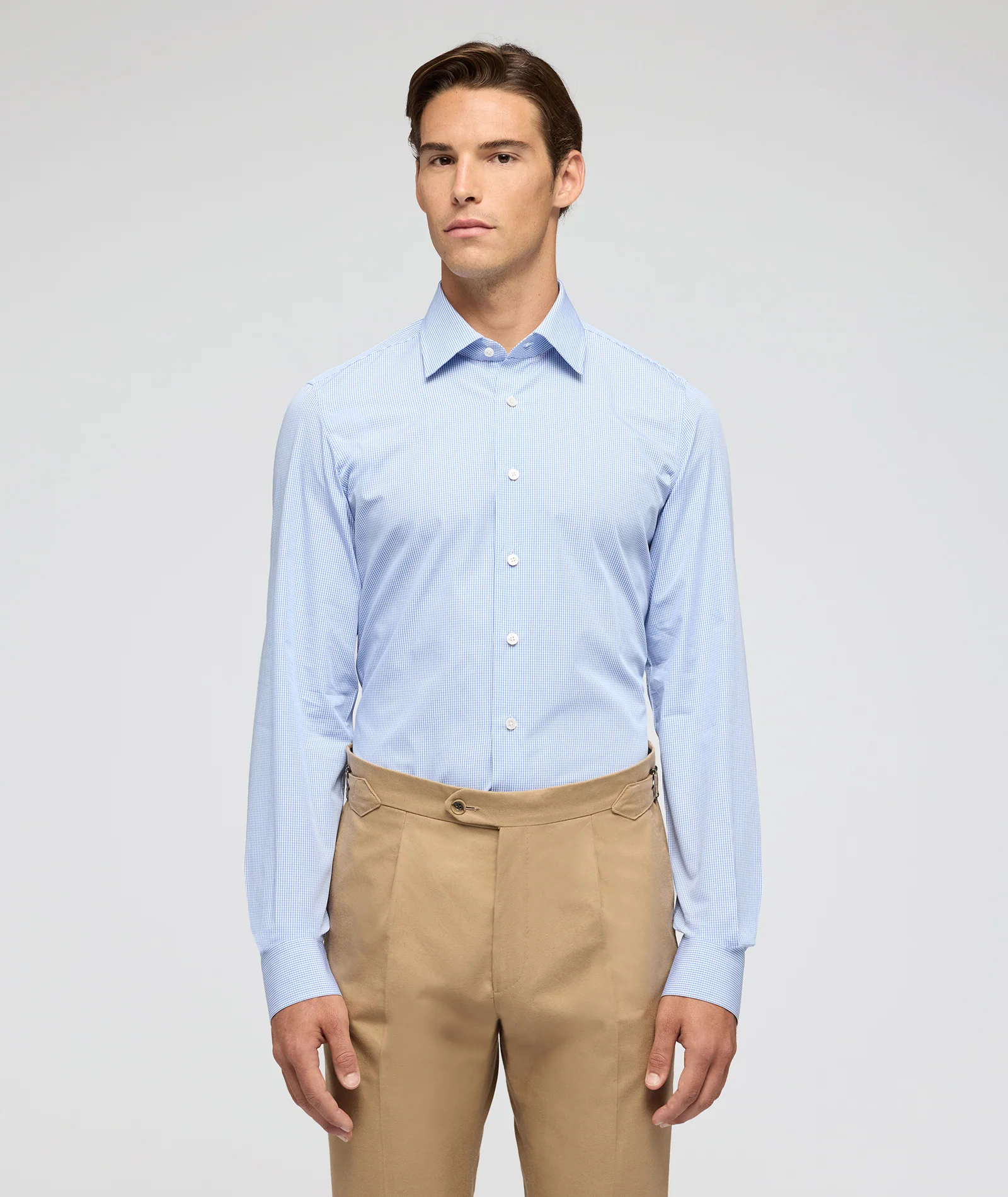 Camicia Azzurra in Popeline di Cotone Microquadretto