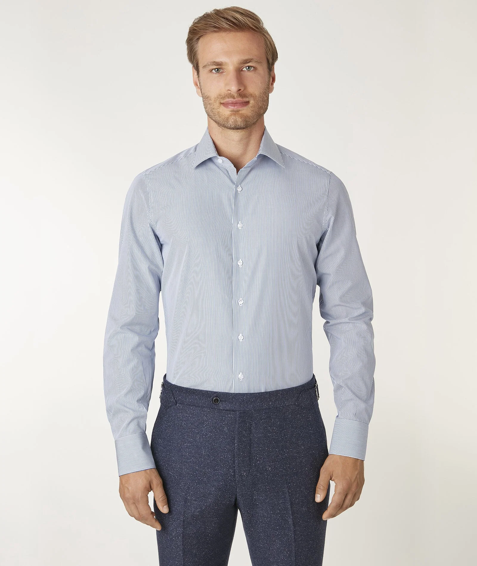 Camicia Microriga blu in Popeline di Cotone