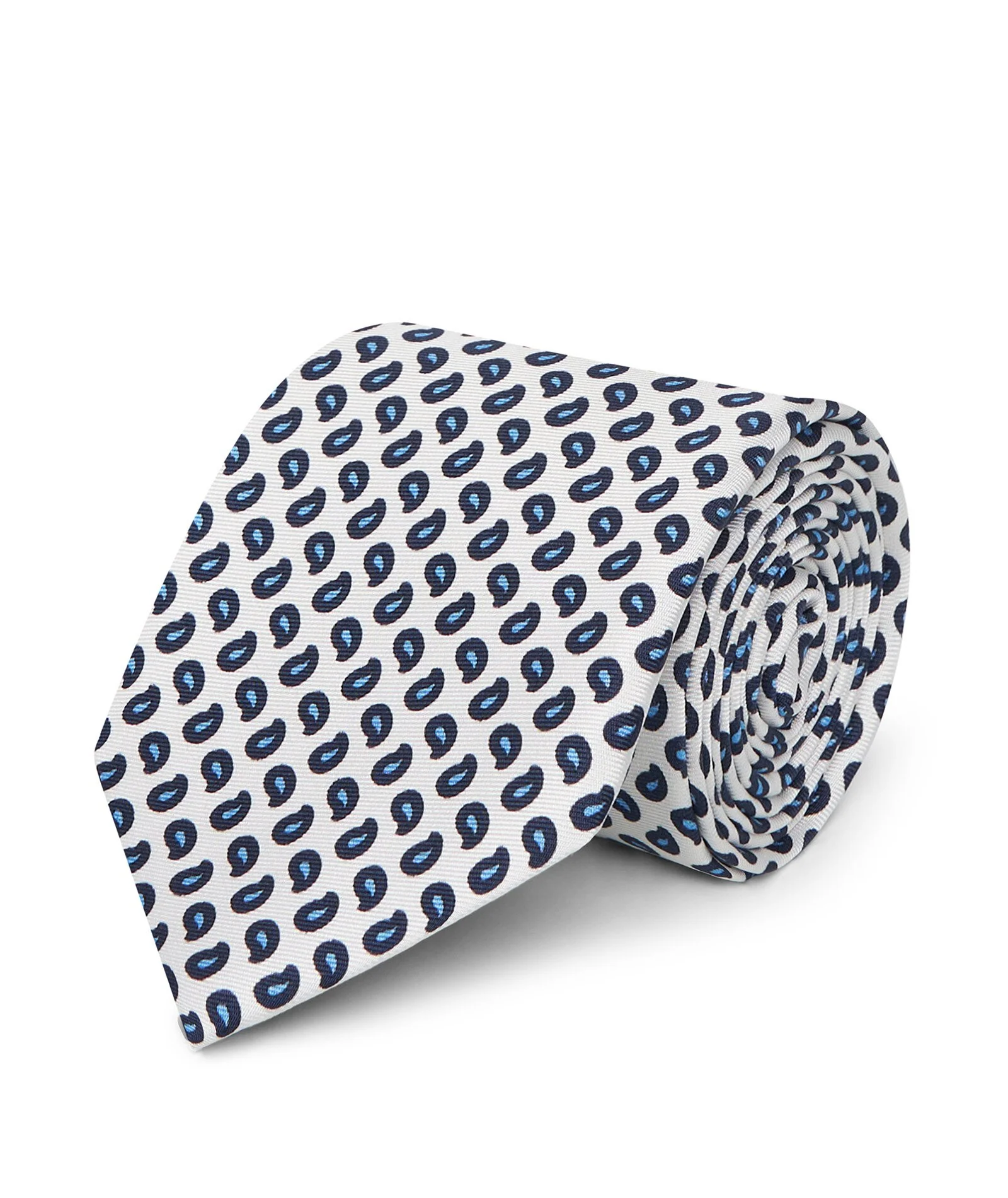 Cravatta in twill di seta micro paisley bianca e azzurra