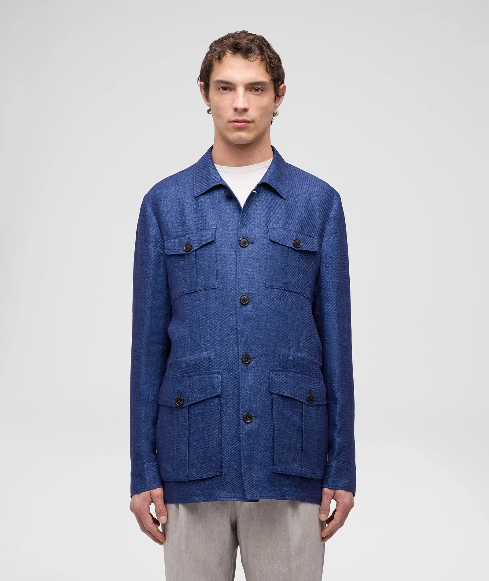 Giacca Safari in lino microdesign diagonale blu denim