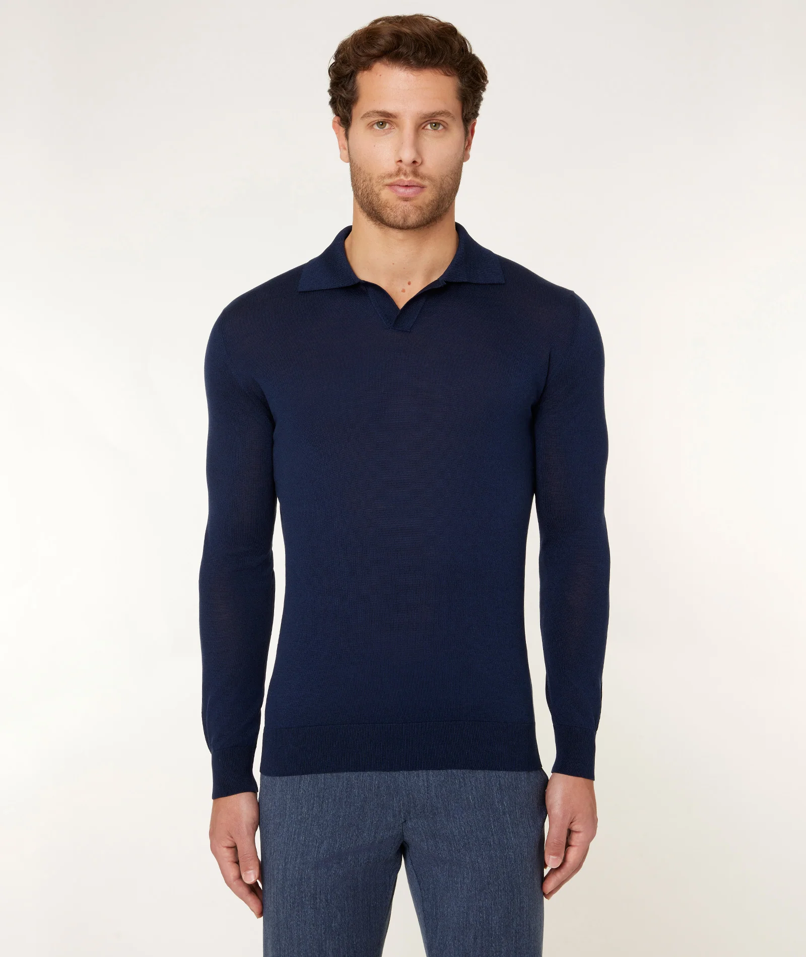 Maglione Knit Polo Blu Scuro Seta Cotone
