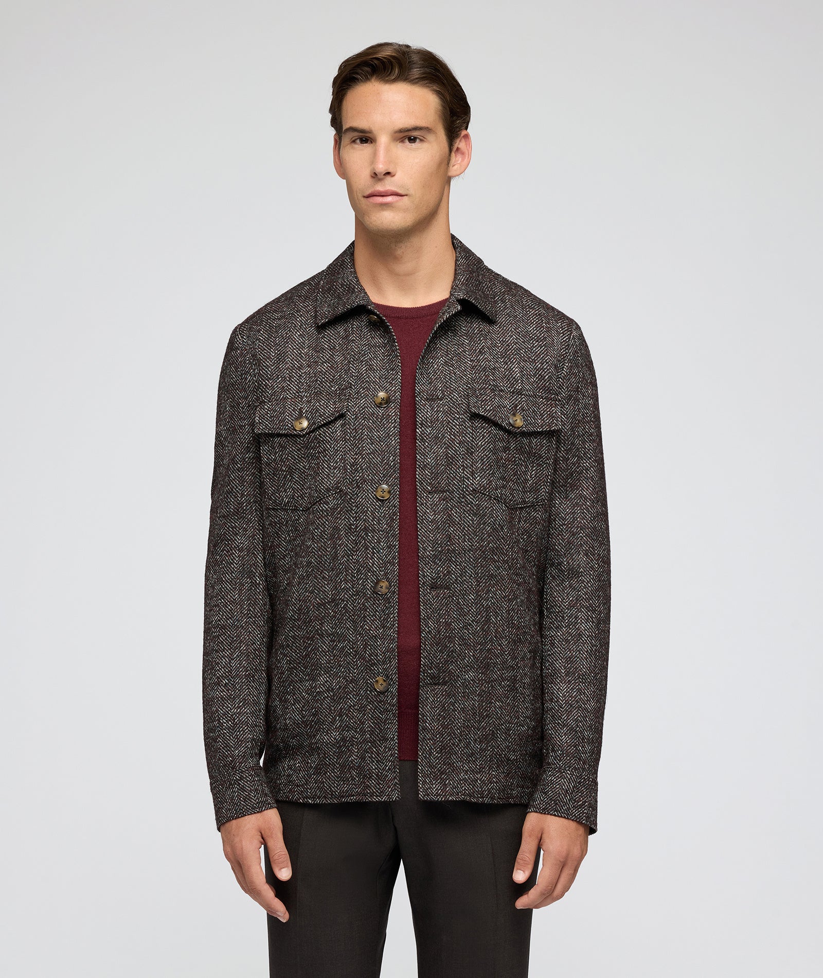 Overshirt in lana e alpaca spigata marrone e azzurra
