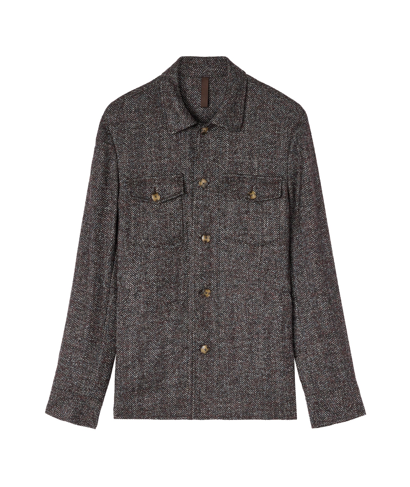 Overshirt in lana e alpaca spigata marrone e azzurra - Image 4