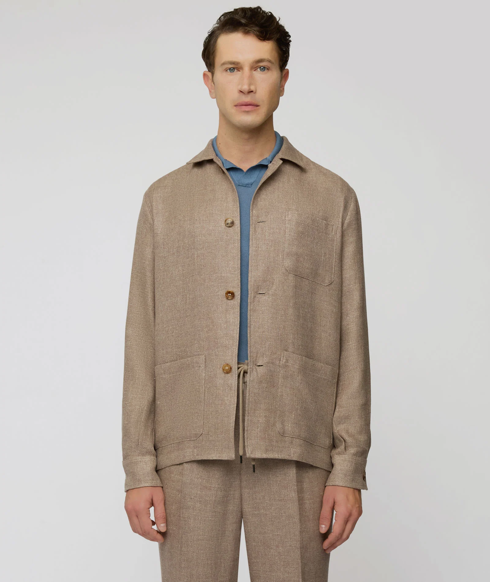 Overshirt in lino-lana-seta microdesign beige