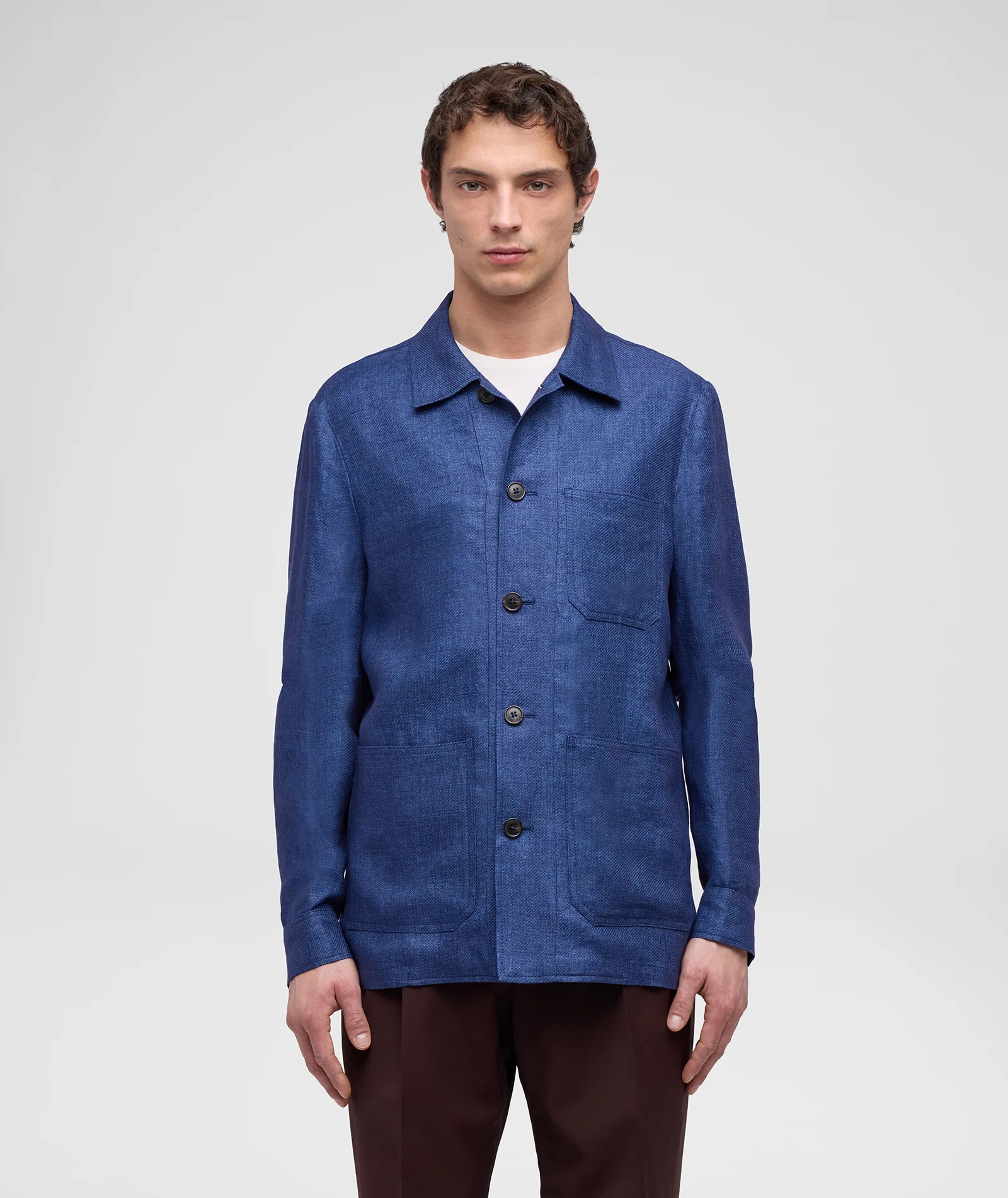 Overshirt in lino microdesign diagonale blu denim