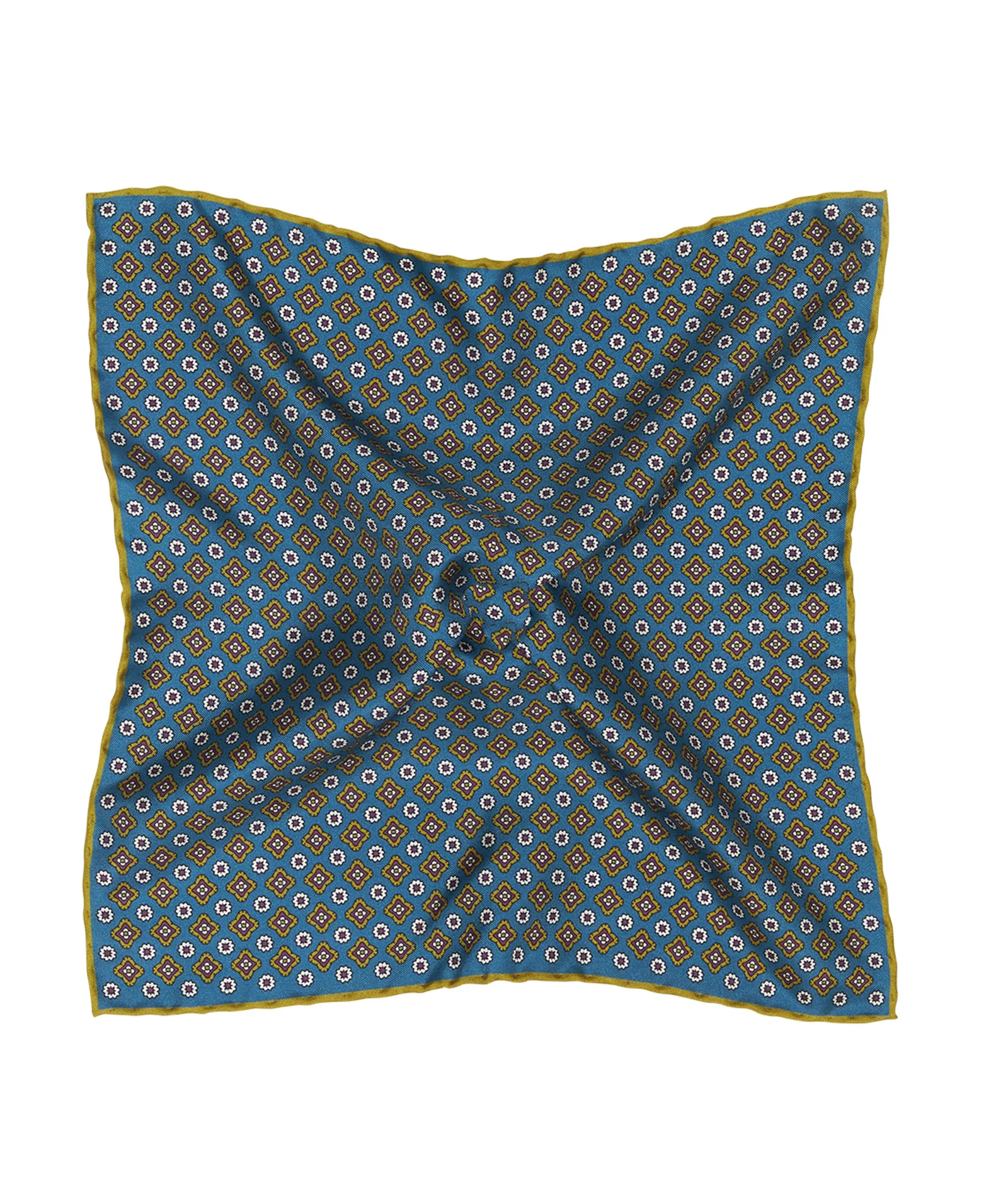 Pochette in seta con fantasia medaglioni azzurro giallo
