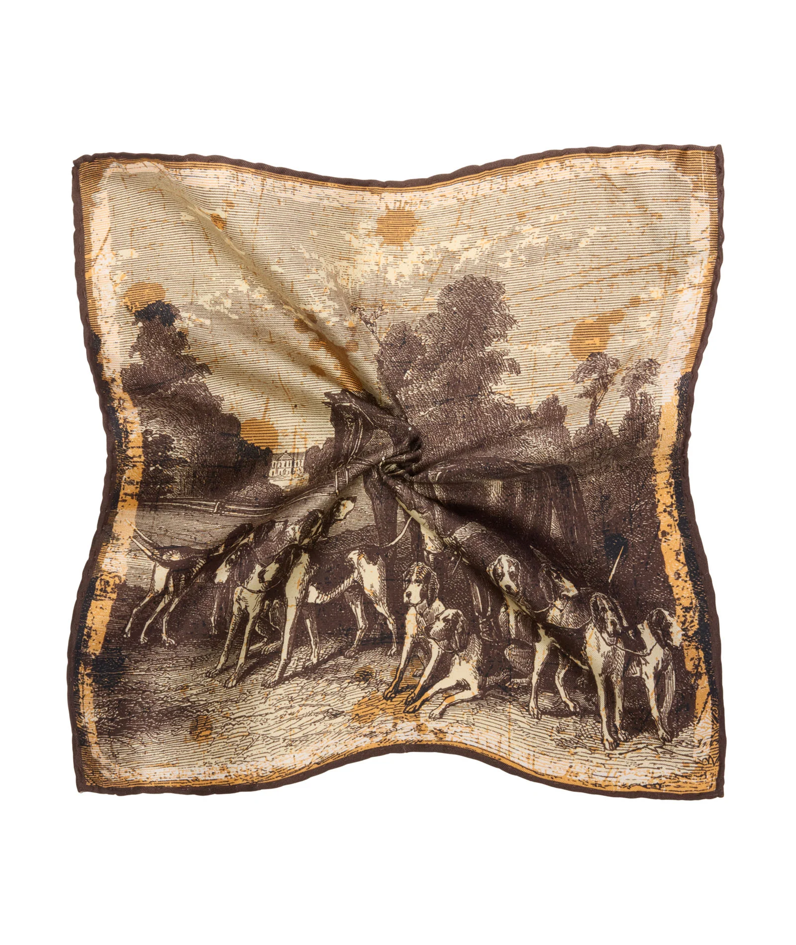 Pochette in twill di seta tema caccia marrone