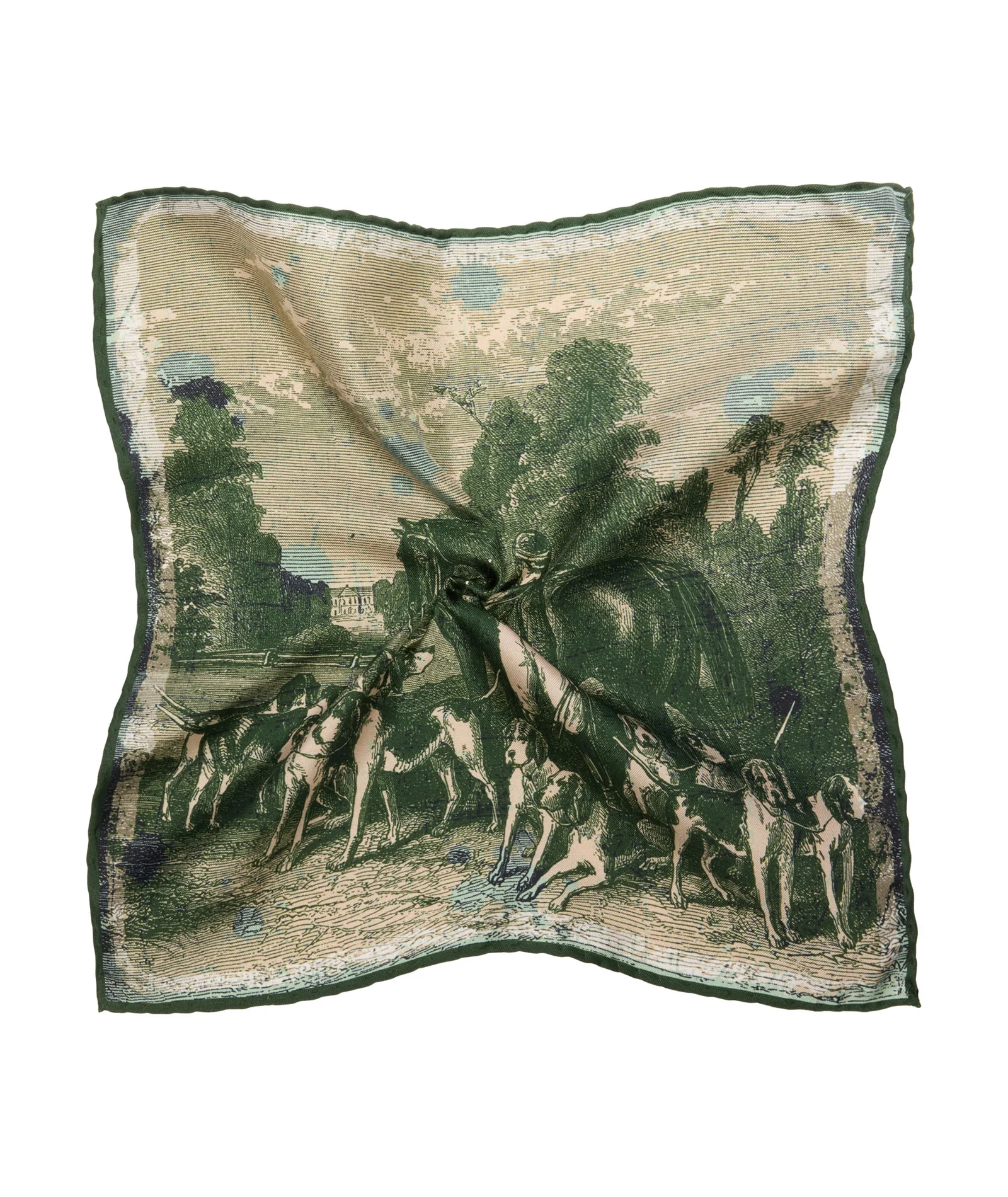 Pochette in twill di seta tema caccia verde