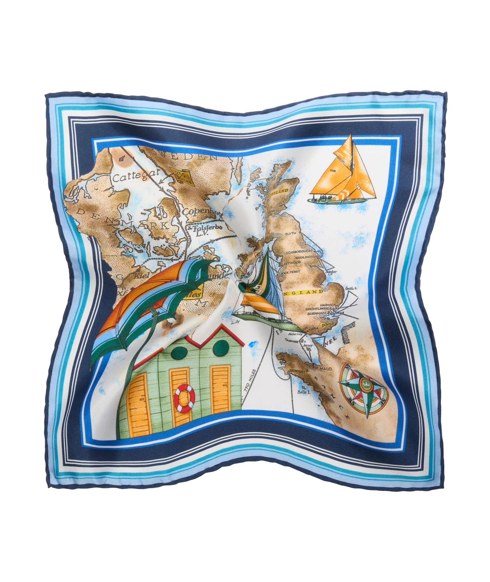 Pochette in twill di seta tema geografia blu