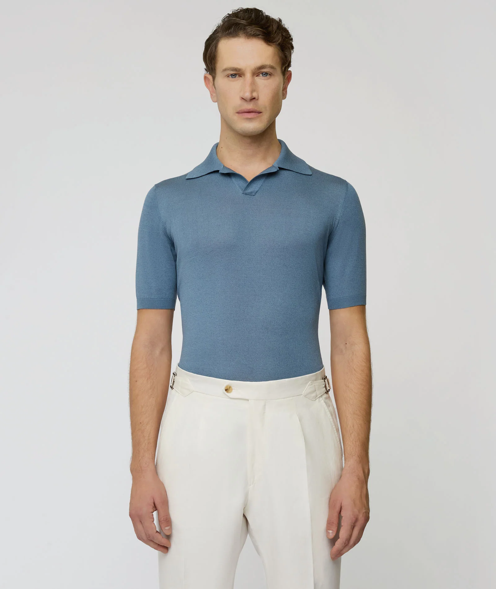 T-shirt blu chiaro in seta e cotone - Image 5